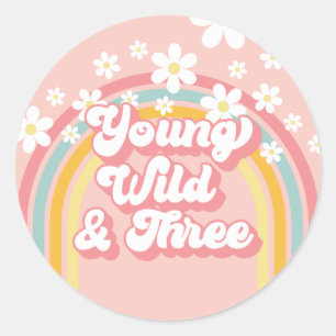 Retro-Regenbogen Young Wild und Drei 3. Geburtstag Runder Aufkleber