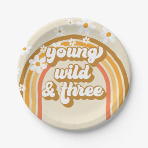 Retro-Regenbogen Young Wild und Drei Geburtstag Pappteller