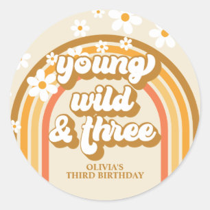 Retro-Regenbogen Young Wild und Drei Geburtstag Runder Aufkleber
