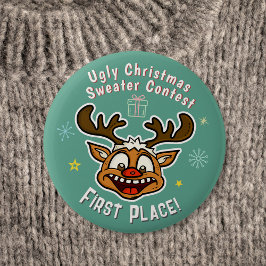 Retro Reindeer Ugly Christmas Sweater Wettbewerb 1 Button
