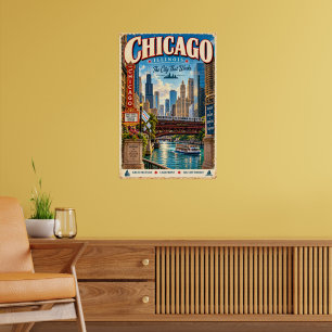 Retro-Reiseplakat Chicago Illinois Stadt-Skyline Poster