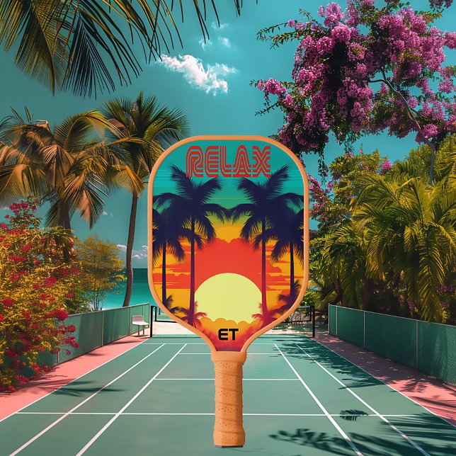 Retro RELAX farbenfroher tropischer Sonnenuntergan Pickleball Schläger (Sporty Tropical 80s Retro Pickleball Paddle )