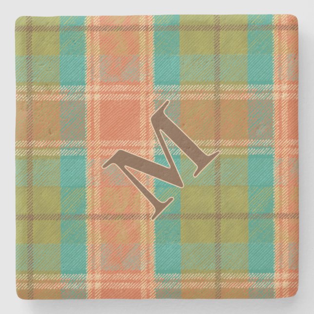 Retro Revival Kariertes Monogramm Stone Untersetze Steinuntersetzer (Vorderseite)