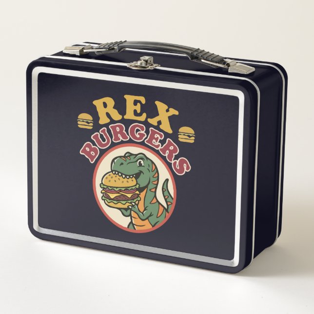 Retro Rex Burger T-Rex isst Cheeseburger 70er Metall Brotdose (Vorderseite)