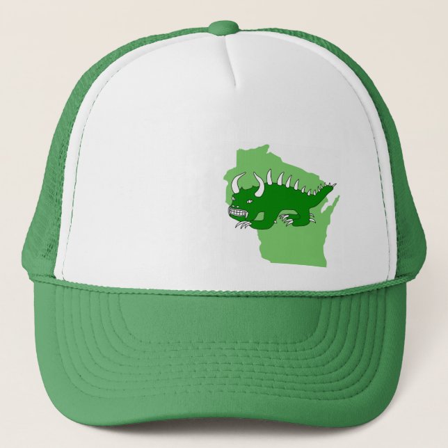 Retro Rhinelander Hodag und Wisconsin-Hut Truckerkappe (Vorderseite)