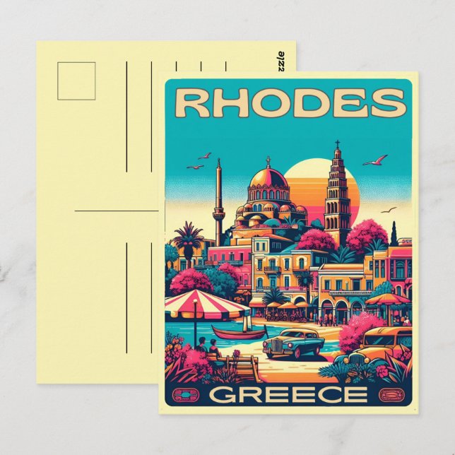 Retro Rhodes City - Griechenland - Feriengeschenke Postkarte (Vorne/Hinten)