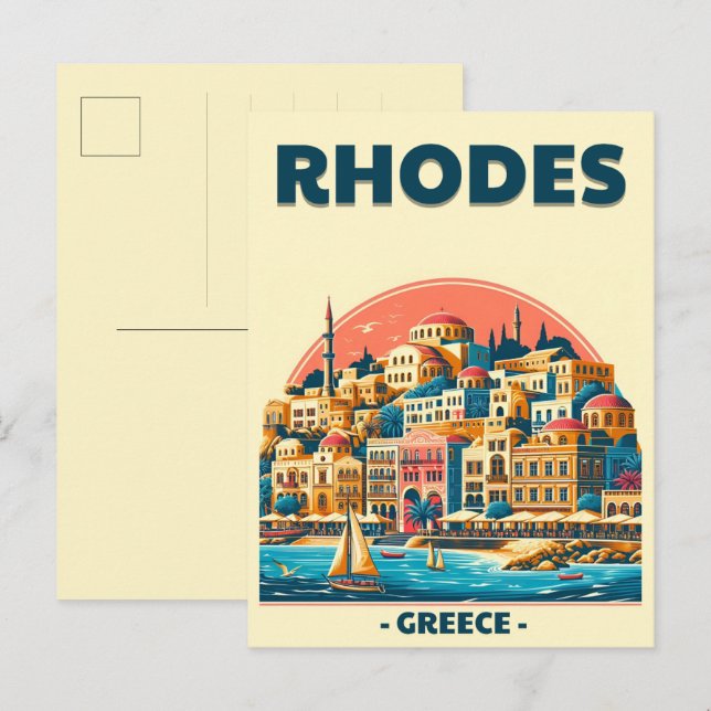 Retro Rhodes City - Griechenland - Feriengeschenke Postkarte (Vorne/Hinten)