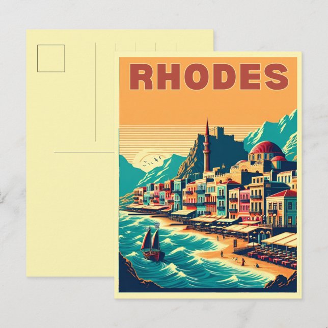 Retro Rhodes City - Griechenland - Feriengeschenke Postkarte (Vorne/Hinten)