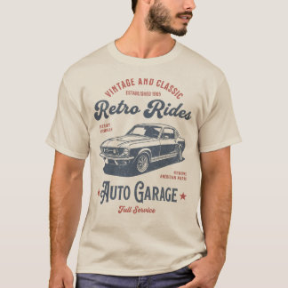 Retro Rides Auto Garage – Vintage Muscle Car Art T-Shirt