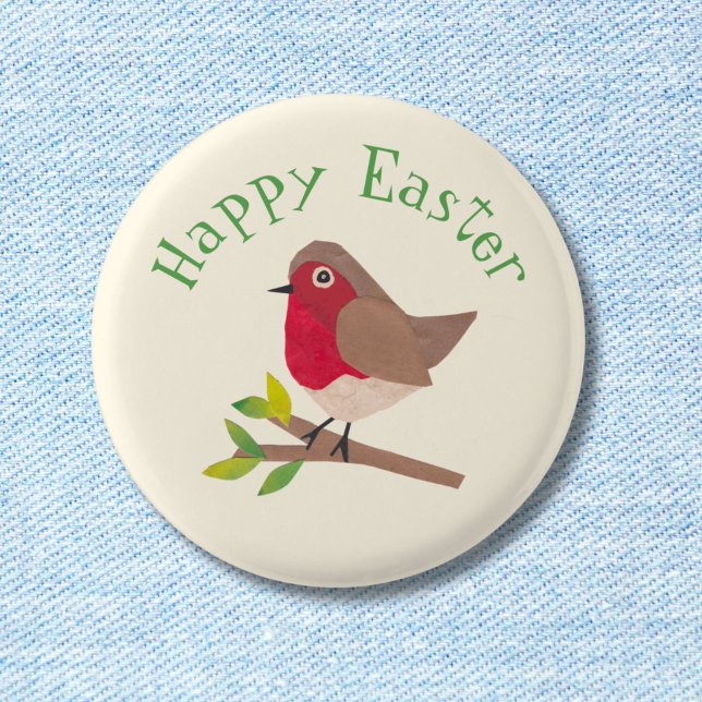 Retro Robin Happy Oaster Niedlicher Personalisiert Button (Spread Easter cheer with this button featuring my own unique retro-inspired cute collage robin!)