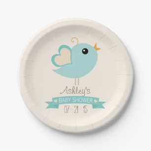 Retro Robin's Egg Blue Love Bird Baby Shower Pappteller