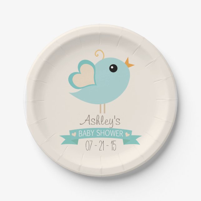 Retro Robin's Egg Blue Love Bird Baby Shower Pappteller (Vorderseite)