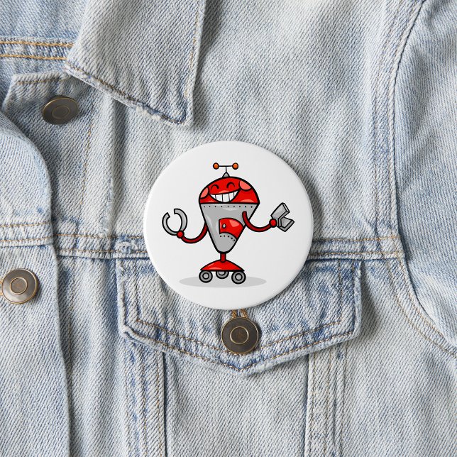 Retro Robot Cartoon Fun Red und Silver AI Bot Button (Von Creator hochgeladen)