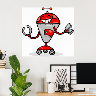Retro Robot Cartoon Fun Red und Silver AI Bot Poster