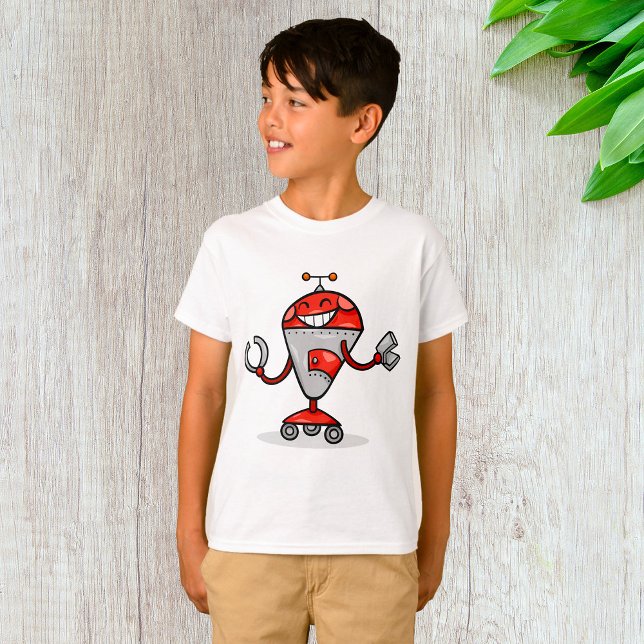 Retro Robot Cartoon Fun Red und Silver AI Bot T-Shirt (Von Creator hochgeladen)