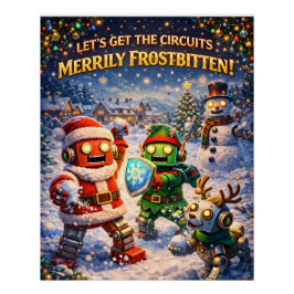 Retro robot Christmas snowball fight greeting Poster