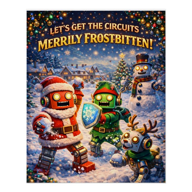 Retro robot Christmas snowball fight greeting Poster (Vorderseite)