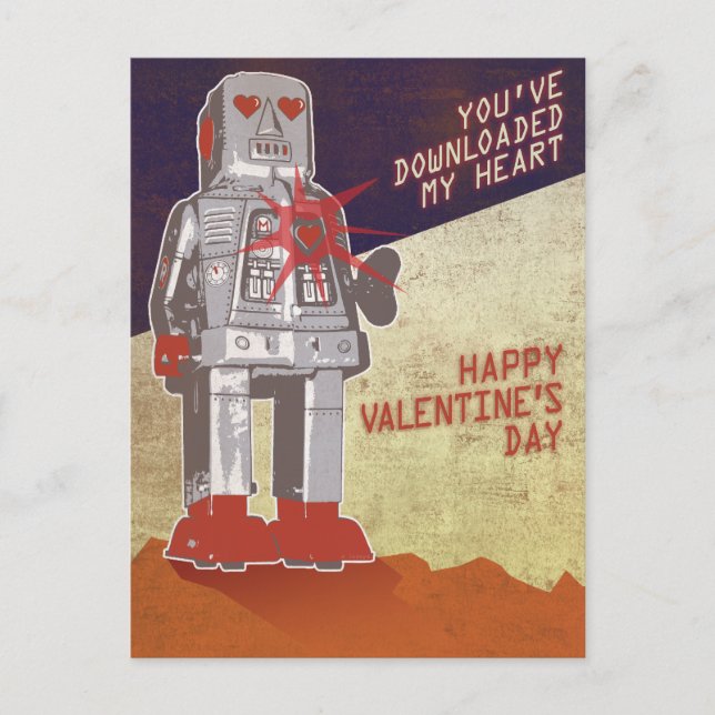 Retro Robot - Sie haben mein Herz heruntergeladen  Postkarte (Vorderseite)