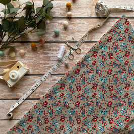 Retro Roboter Blau und Rot Gemustert Stoff