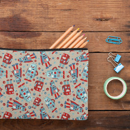 Retro Roboter Blau und Rot Gemustert Zubehörtasche