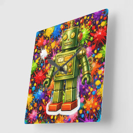Retro-Roboter-Farbexplosion-Wand im Quadratformat Quadratische Wanduhr