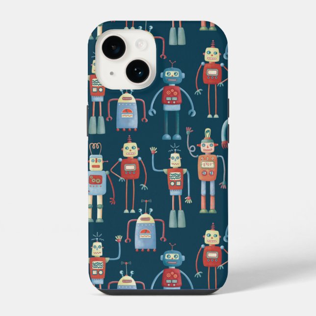 Retro-Roboter-Muster dunkel iPhone Hülle (Rückseite)