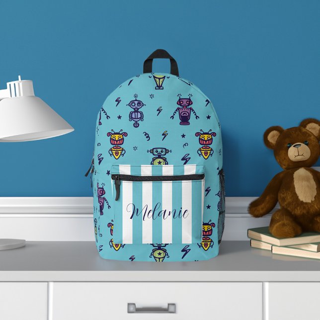 Retro Robotic Roboter farbenfroher Blauer Name Bedruckter Rucksack (Retro Robotic Robots Colorful Blue Name Printed Backpack)