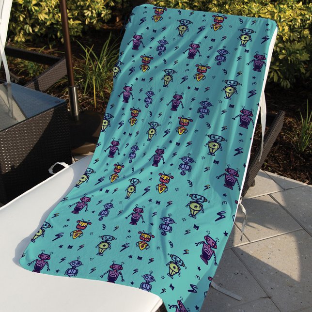 Retro Robotic Roboter farbiges blaues Muster Strandtuch (Von Creator hochgeladen)