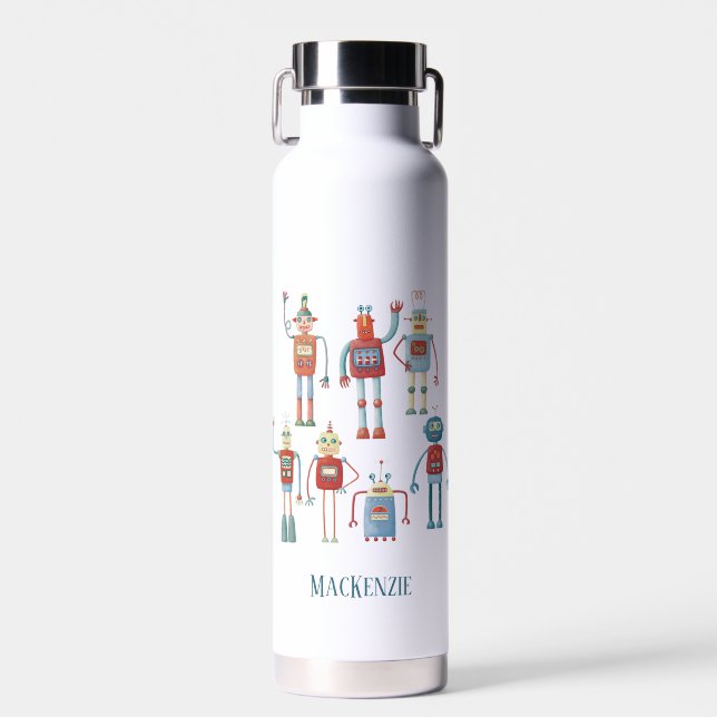 Retro Robots Fun Personalisiert Trinkflasche (Vorne)