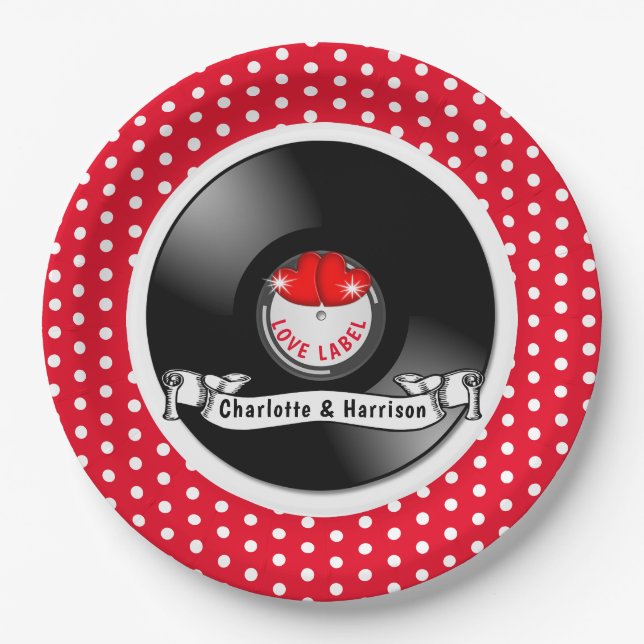 Retro Rockabilly Hearts Wedding Pappteller (Vorderseite)