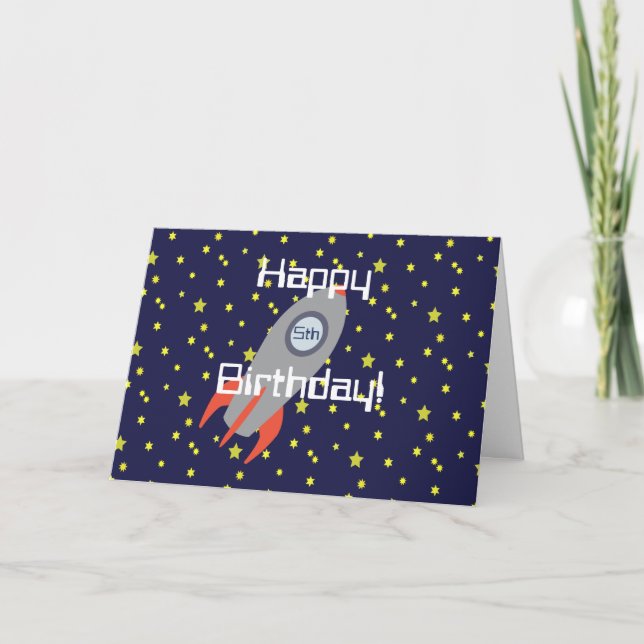 Retro Rocket Ship and Stars Happy Birthday Karte (Vorderseite)