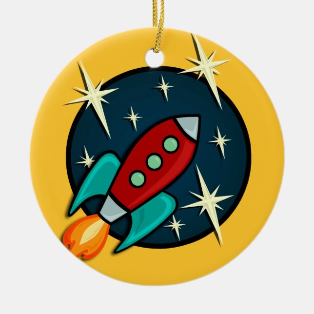 RETRO ROCKET SHIP ROUND CHRISTMAS ORNANATION KERAMIKORNAMENT (Vorne)