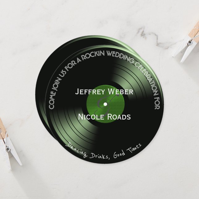 Retro Rock'n'Roll Vinyl Record Einladung zur Hochz (Vorderseite/Rückseite Beispiel)
