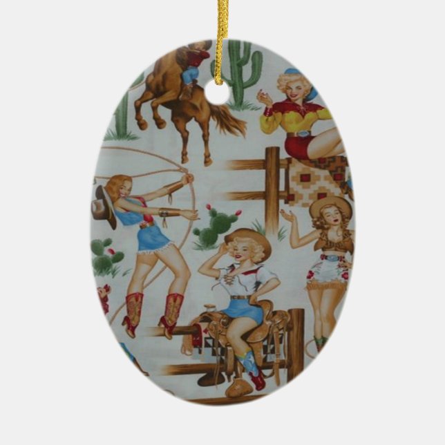 Retro Rodeo-Cowgirls-Weihnachtsweiße Keramikornament (Vorne)
