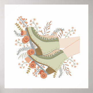 Retro Roller Skate Blume in Pastellfarben für Wand Poster