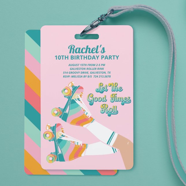 Retro Roller Skaten Birthday Party Pink Ausweis (Fun Retro Rollerskating Birthday Party Lanyard Invitations
)