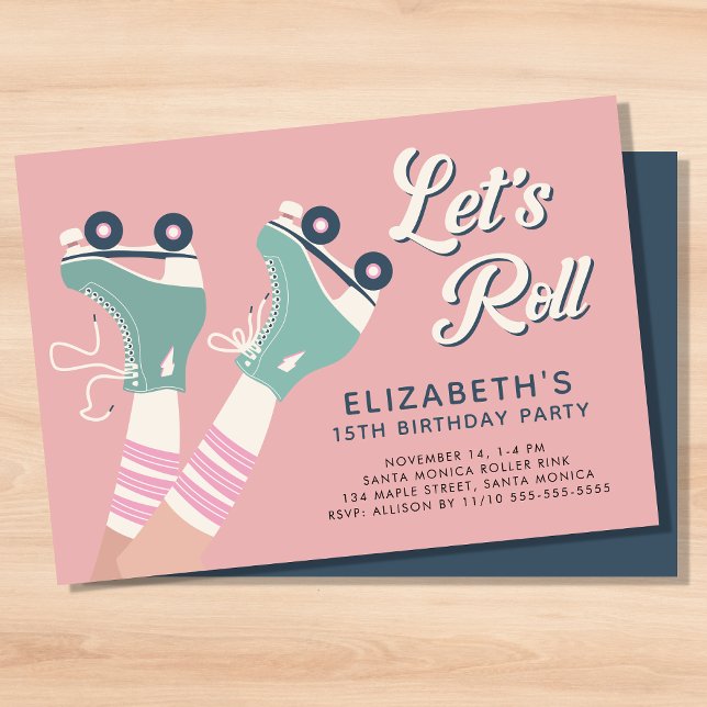 Retro Roller Skaten Birthday Party Pink Einladung (A cool roller skating birthday party invitation with a retro vibe)