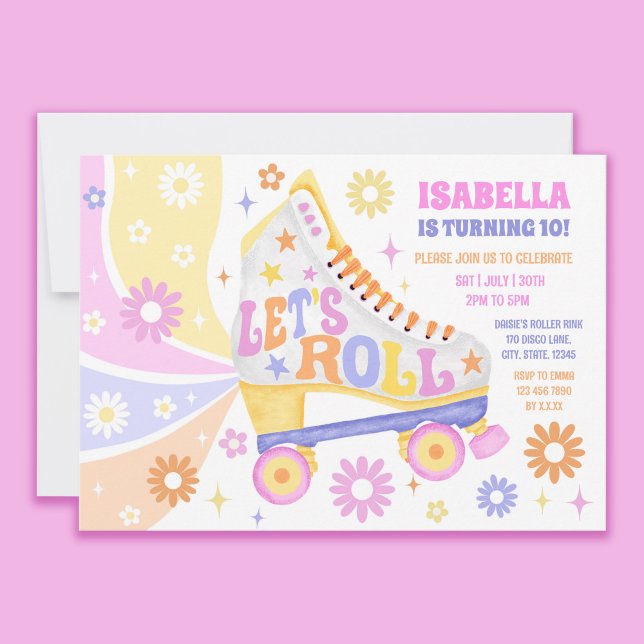 Retro Roller Skaten Disco Geburtstagsparty Einladung (Let's roll on into the party! Invite your guests with this colorful retro roller skate invitation!)