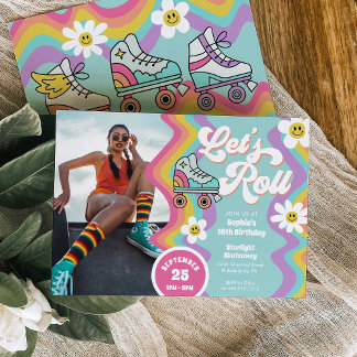 Retro Roller Skaten Rainbow Birthday Einladung