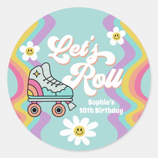 Retro Roller Skaten Rainbow Birthday Stickers (Vorderseite)