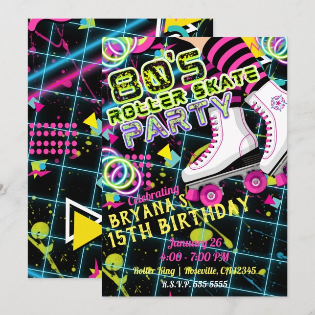 Retro Roller Skaten Skate Geburtstagsparty der 80e Einladung (Vorne/Hinten)