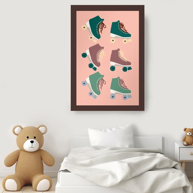 Retro Rollerskates Green Dusty Pink Groovy Cool Poster (Retro Rollerskates Green Dusty Pink Poster Nursery Playroom Vintage Cute Groovy Wall Art)