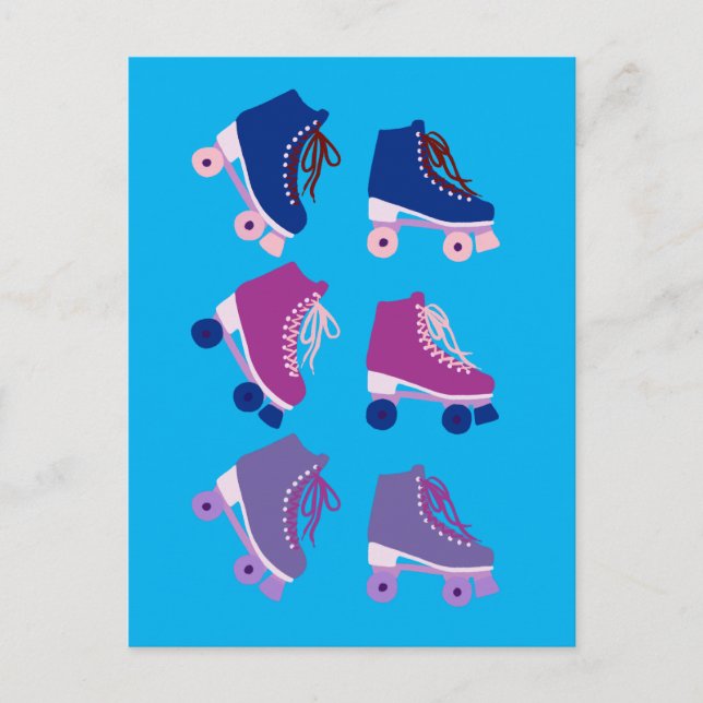 Retro Rollerskates Lila rosa blaues Muster Postkarte (Vorderseite)