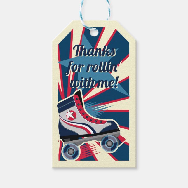 Retro-Rollschuhparty Blau und Rot 70er Jahre  Geschenkanhänger (Vorderseite)