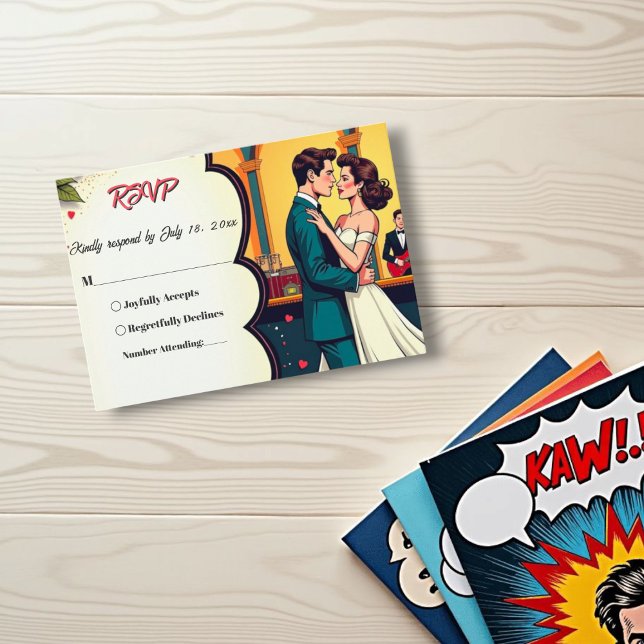 Retro Romantic Couple Dance Comic Style Wedding RSVP Karte (Von Creator hochgeladen)