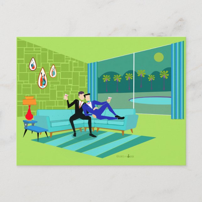 Retro Romantic Gay Couple Postcard Einladung (Vorderseite)