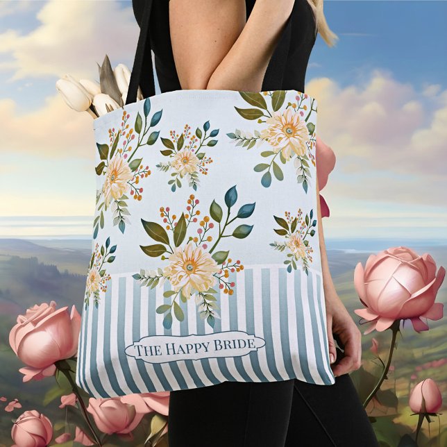 Retro Romantische Blumenbrücke Tote Tasche (Romantic vintage tote bag with stripes on dusty blue with pretty flowers)