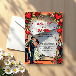 Retro Romantische Couple Dancing Comic Style Weddi Acryleinladungen