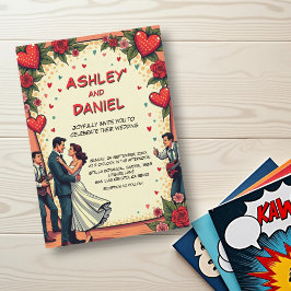 Retro Romantische Couple Dancing Comic Style Weddi Einladung