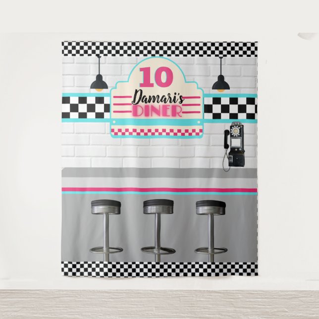 Retro Rosa & Blue Checkerboard Diner Background Wandteppich (Vorderseite)